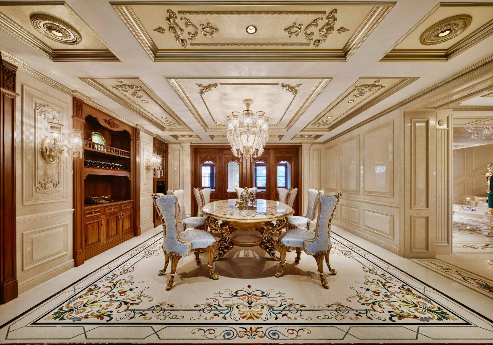 Jiangsu luxury interior featuring custom marble inlay flooring and a stunning marble floor medallion.