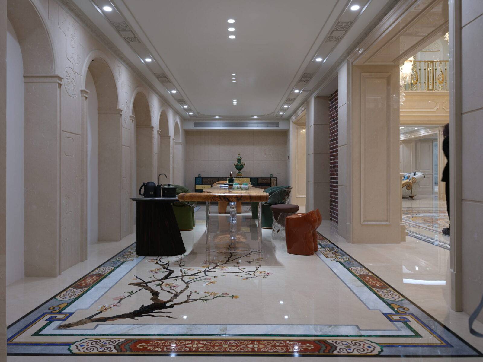 Shanghai luxury marble flooring with a custom marble inlay design. Exquisite stone craftsmanship.
