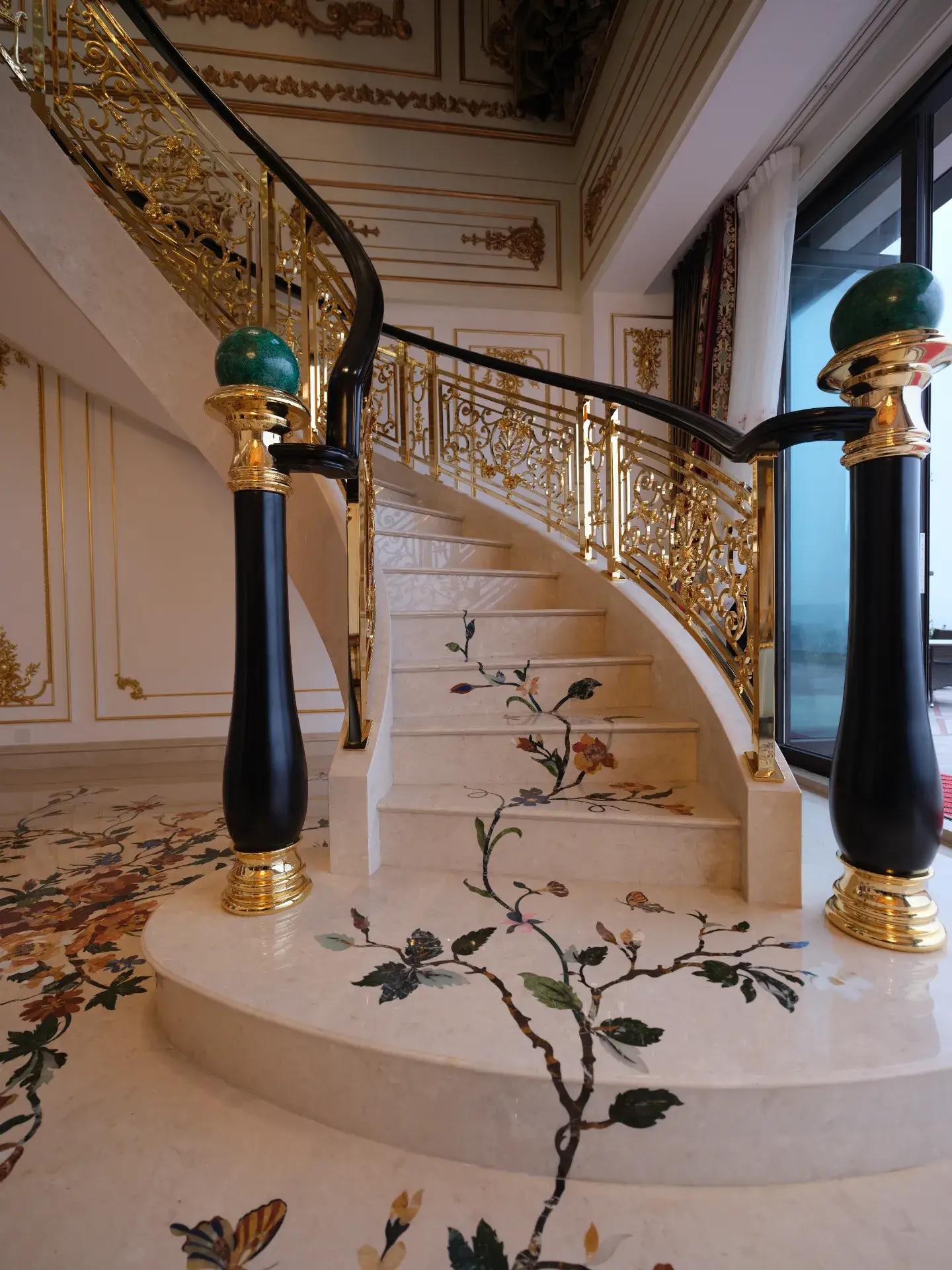 Chongqing luxury marble flooring with custom marble inlay, featuring a floral pietre dure stone inlay design and gold accents.
