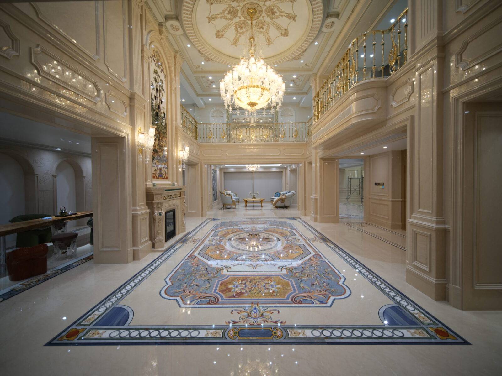 Shanghai luxury interiors featuring custom marble inlay flooring. See the stunning marble floor medallion, a stone inlay design.