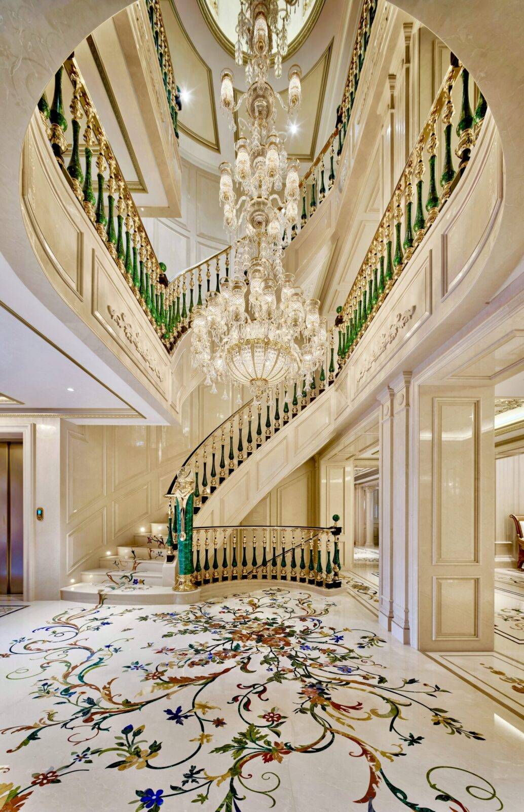 Jiangsu luxury interior with custom marble inlay flooring and ornate stone inlay design. Intricate pietre dure floral patterns.